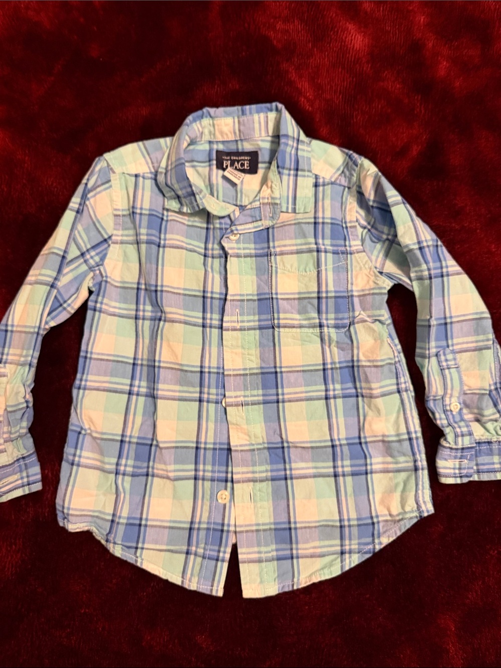 The Children's Place Blue and Light Green Plaid Button-Down Shirt